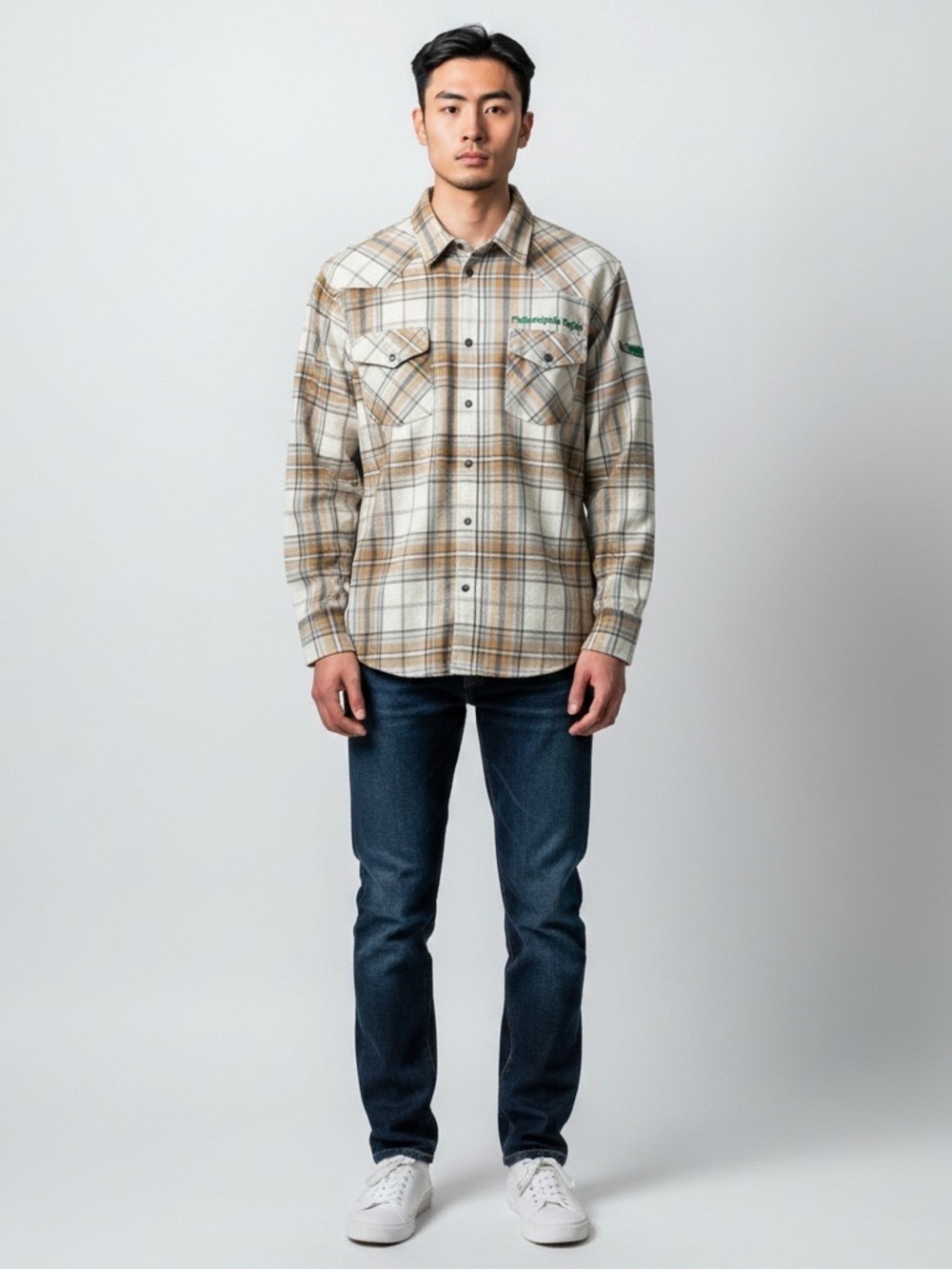 NFL “Philadelphia Eagles” Beige Plaid Button-Down Shirt with Green Logo